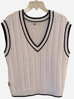 SO White Cable Knit V-Neck Sweater Vest Black Trim XL